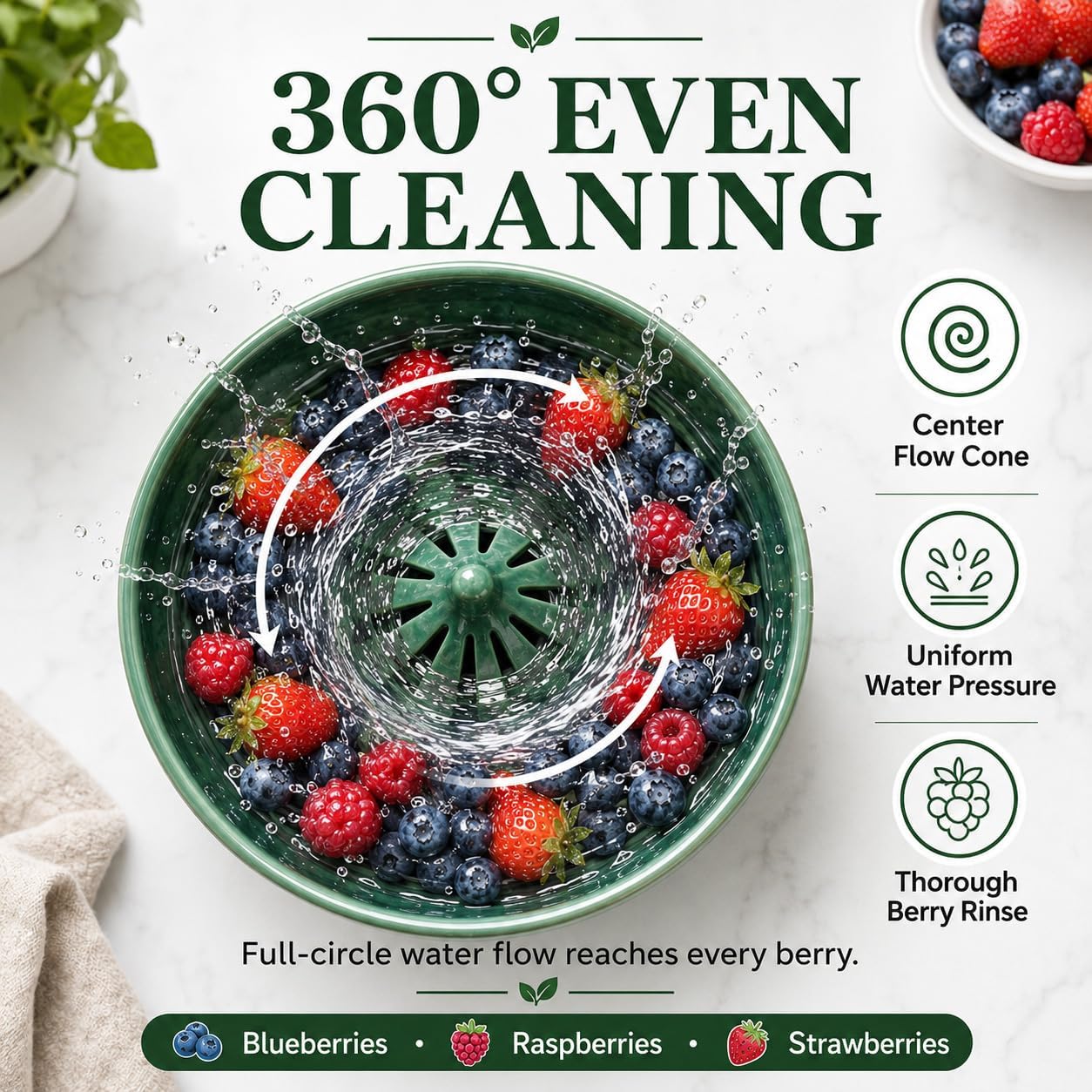 Berry Rinse Bowl Self Spinning 3d Printed Berry Bowl Washer, 360° Vortex Swirl Fruit Washing Colander With Drain Holes, Ceramic Style Automatic Rinse Strainer For Berries Vegetables Kitchen (1PCS)