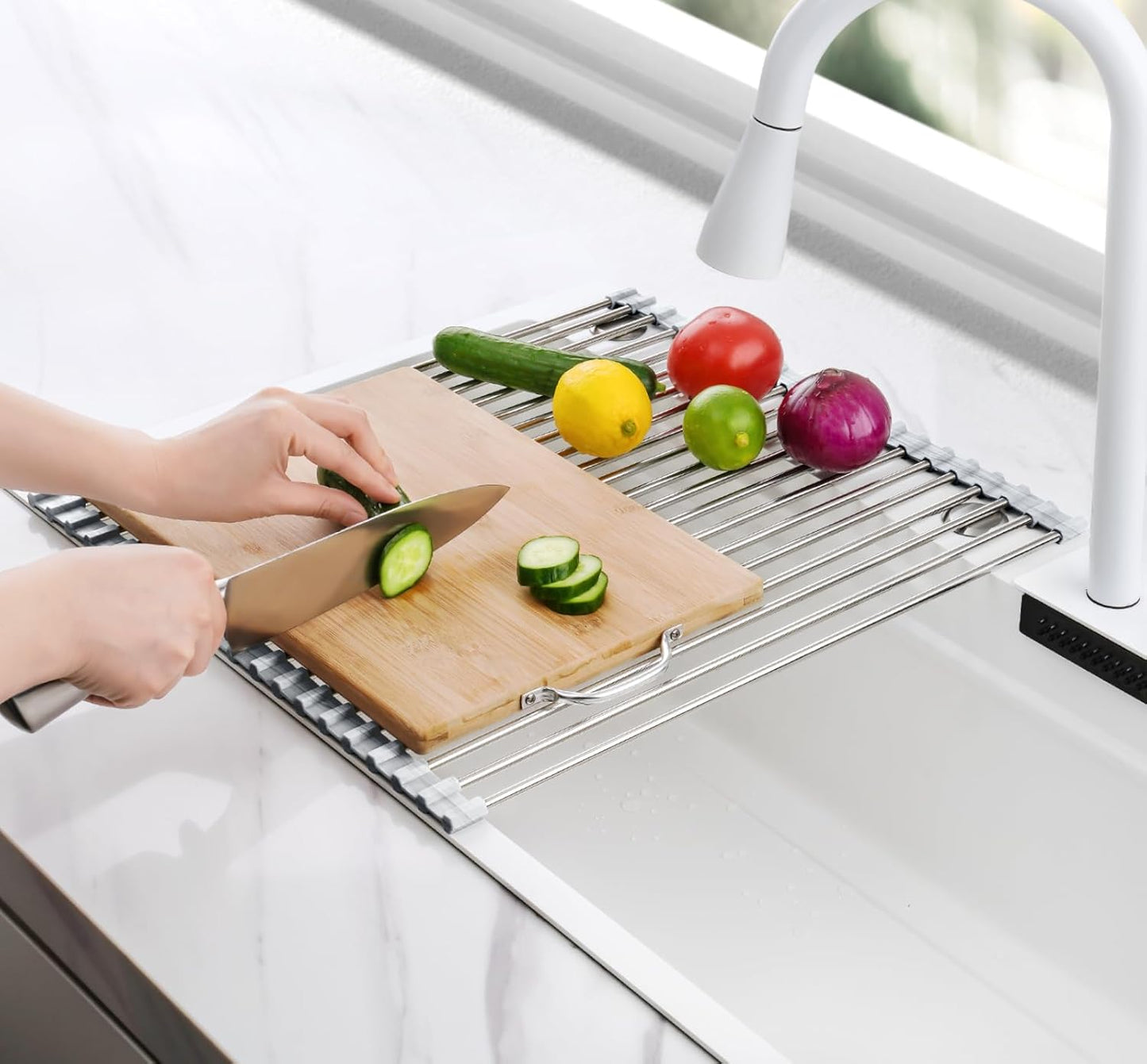 Tomorotec 17.7" x 15.5" Roll Up Dish Drying Rack Over Sink Drying Rack Sink Cover Kitchen Sink Accessories Gadget Multipurpose Organizer Foldable Stainless Steel Drainer