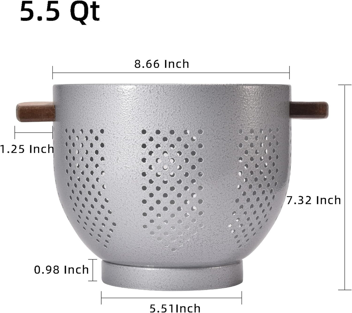 Metal Colander with Wood Handle and Stable Base, 5.5 Quart Powder Coated Steel Kitchen Strainer Basket for Draining Pasta, Vegetable and fruit,Cream