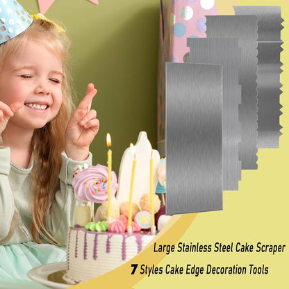 2 Pieces Stainless Steel Cake Scraper, 9 Inch Large Cake Smoother Scraper Contour Double Sided Patterned Edge Stripe Tool Pastry Cutter in 6 Patterns for Different Shapes of Comb Cake Edges Decoration