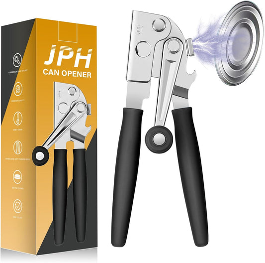 JPH Commercial Can Opener Manual Heavy Duty - Easy to Use with Comfortable Easy Crank Handle - Swing Grip Design, Hand Can Opener, Includes Built in Bottle Opener (Extra Large) (black)