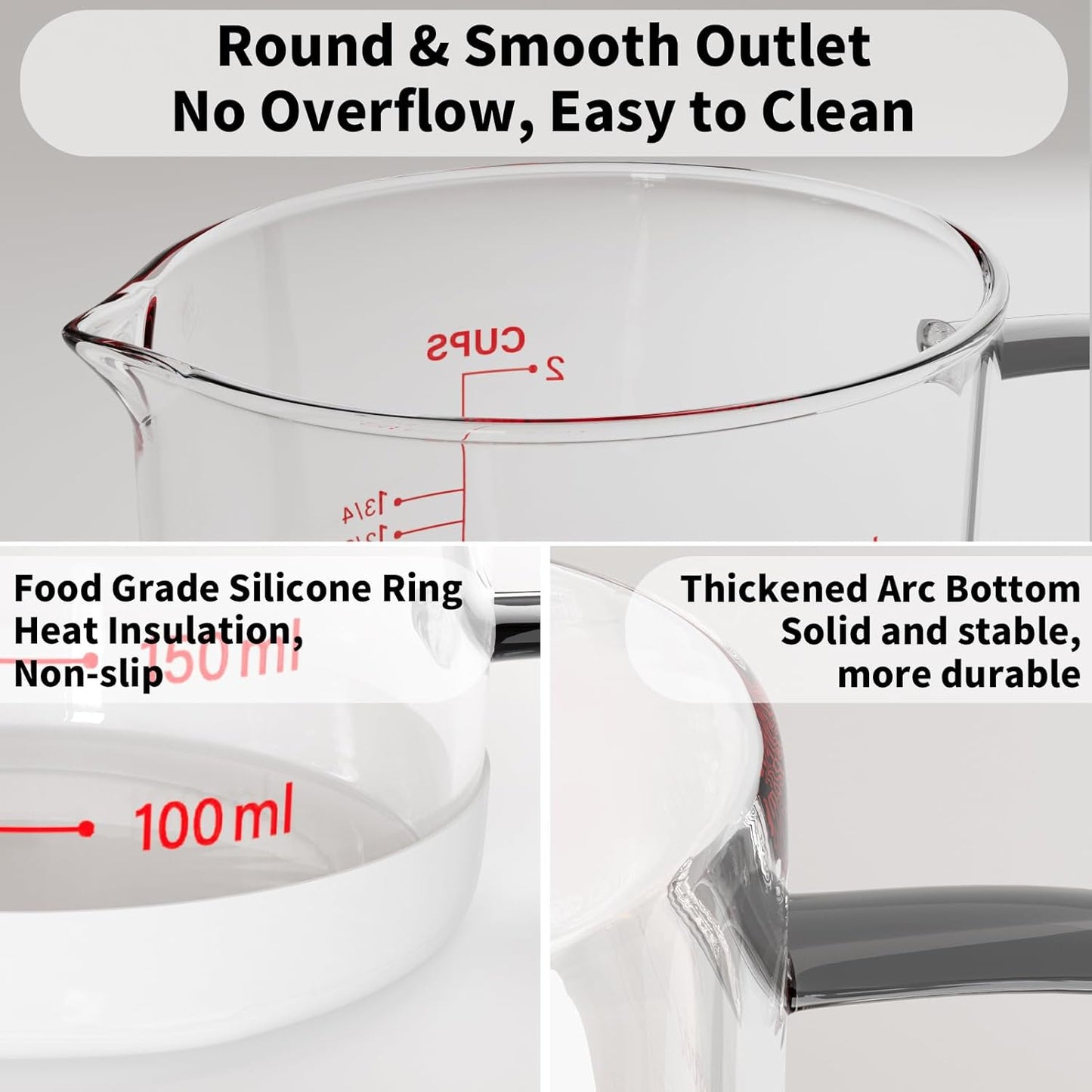 Newness 2-Cup Glass Measuring Cup For Baking and Cooking, (Upgraded, 3 Marking Including Cup/ML/Ounce Scale) Dishwasher, Freezer, Microwave, and Preheated Oven Safe, Essential Kitchen Tools
