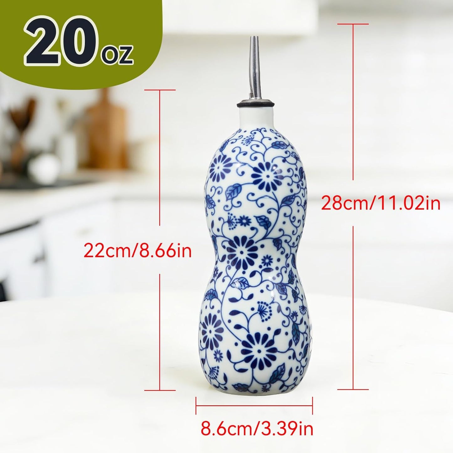 20oz Vintage Ceramic Olive Oil Dispenser Bottle, Gourd Shape Blue and White Porcelain Oil Bottle with Spout and Funnel,Drip-Free Cruet, for Oil, Vinegar, Soy Sauce, Coffee Syrup, Liquids