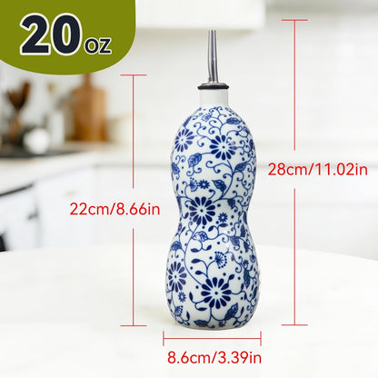 20oz Vintage Ceramic Olive Oil Dispenser Bottle, Gourd Shape Blue and White Porcelain Oil Bottle with Spout and Funnel,Drip-Free Cruet, for Oil, Vinegar, Soy Sauce, Coffee Syrup, Liquids
