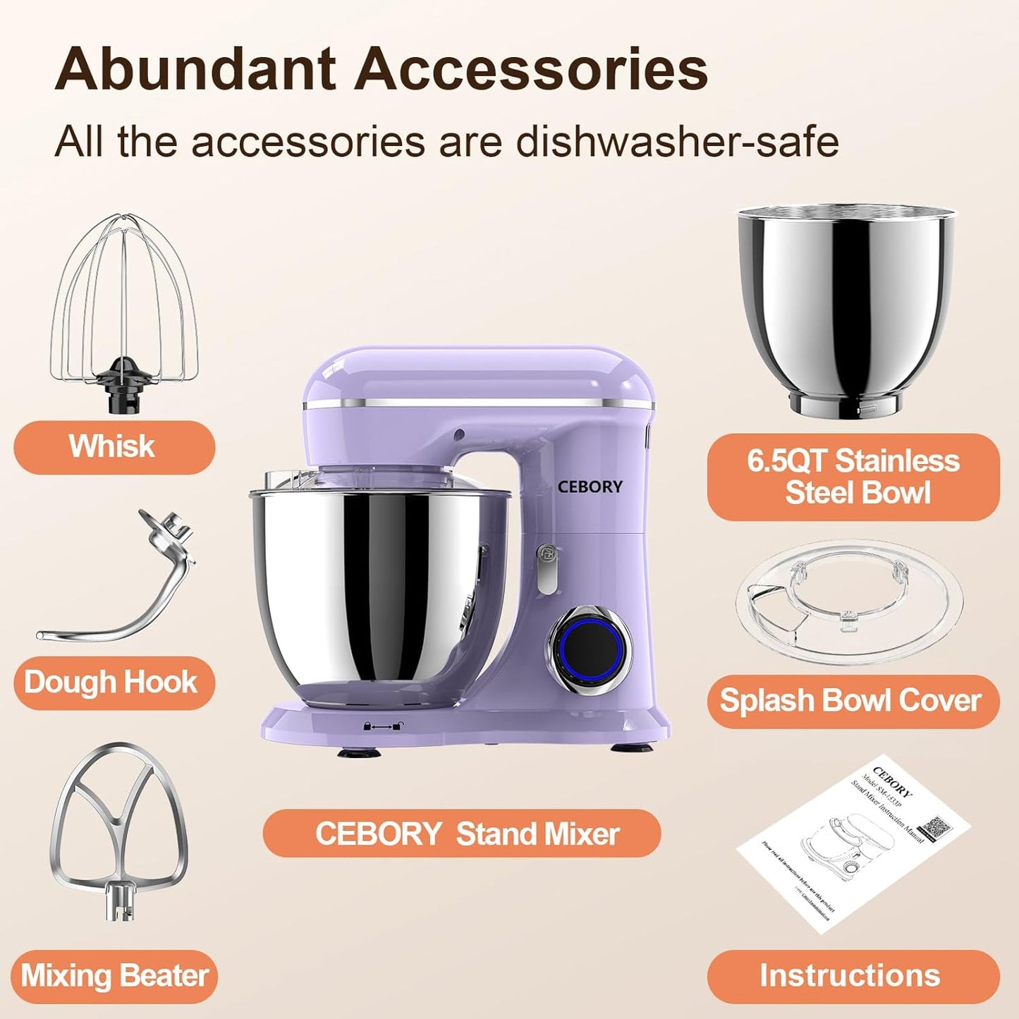 CEBORY 3-IN-1 Electric Stand Mixer, 6.5QT Bowl 660W 10-Speed Kitchen Mixer, Household Food Mixers include Dough Hook, Beater and Whisk, Bread Cake Mixer for Baking and Most Home Cooks, Pink