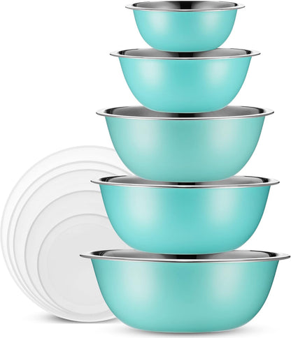 WHYSKO Stainless Steel Mixing Bowl Set, 10 Piece Stainless Steel Mixing Bowls with Lids Set for Food Prep Storage and Serving, Dishwasher Safe for Kitchen Baking Cooking, Silver