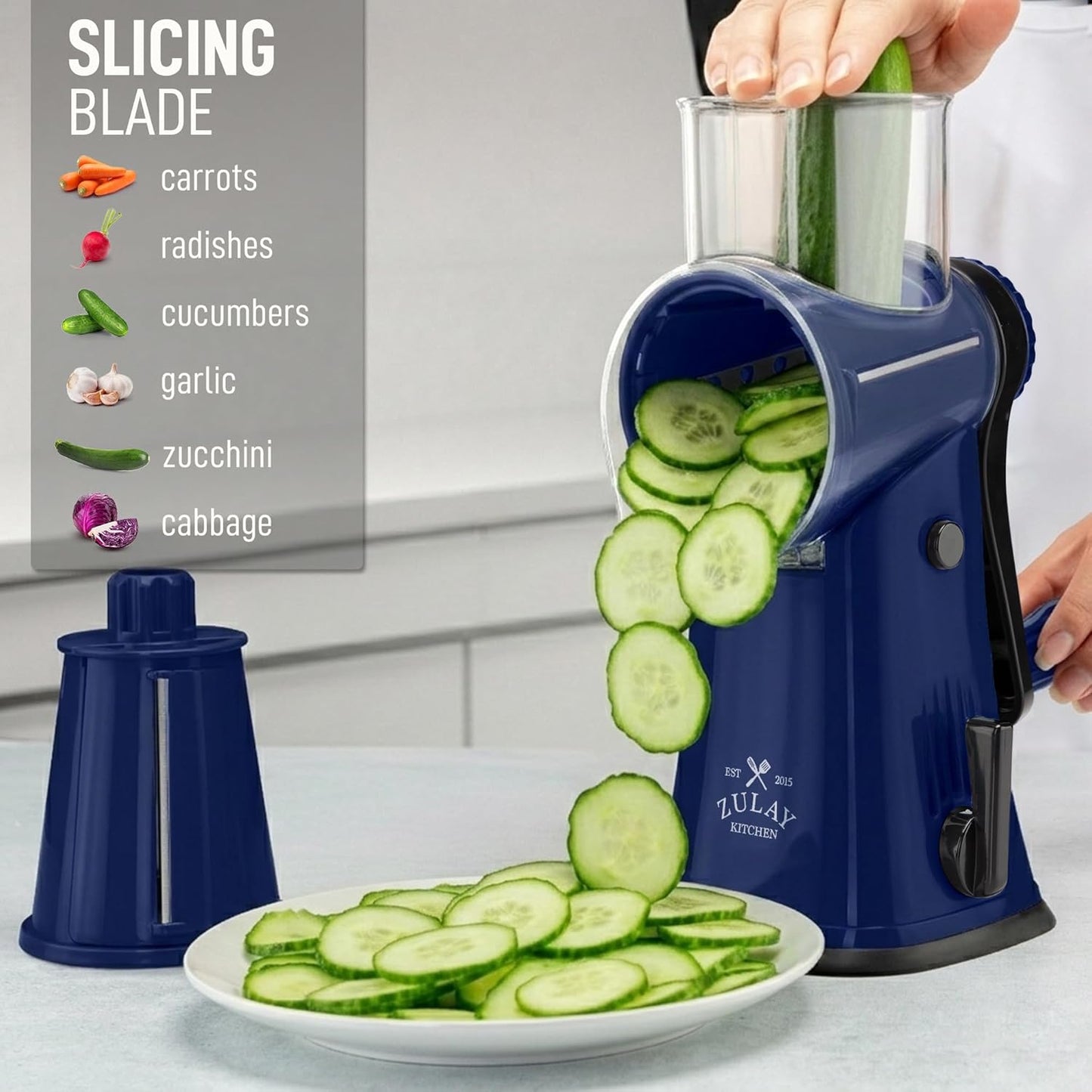 Zulay Kitchen Rotary Cheese Grater 5 Blade Cheese Shredder - Manual Hand Crank Cheese Grater With Reinforced Suction & 5 Interchangeable Drums - Easy to Use, Vegetable Chopper Round Mandoline Slicer - Colors B