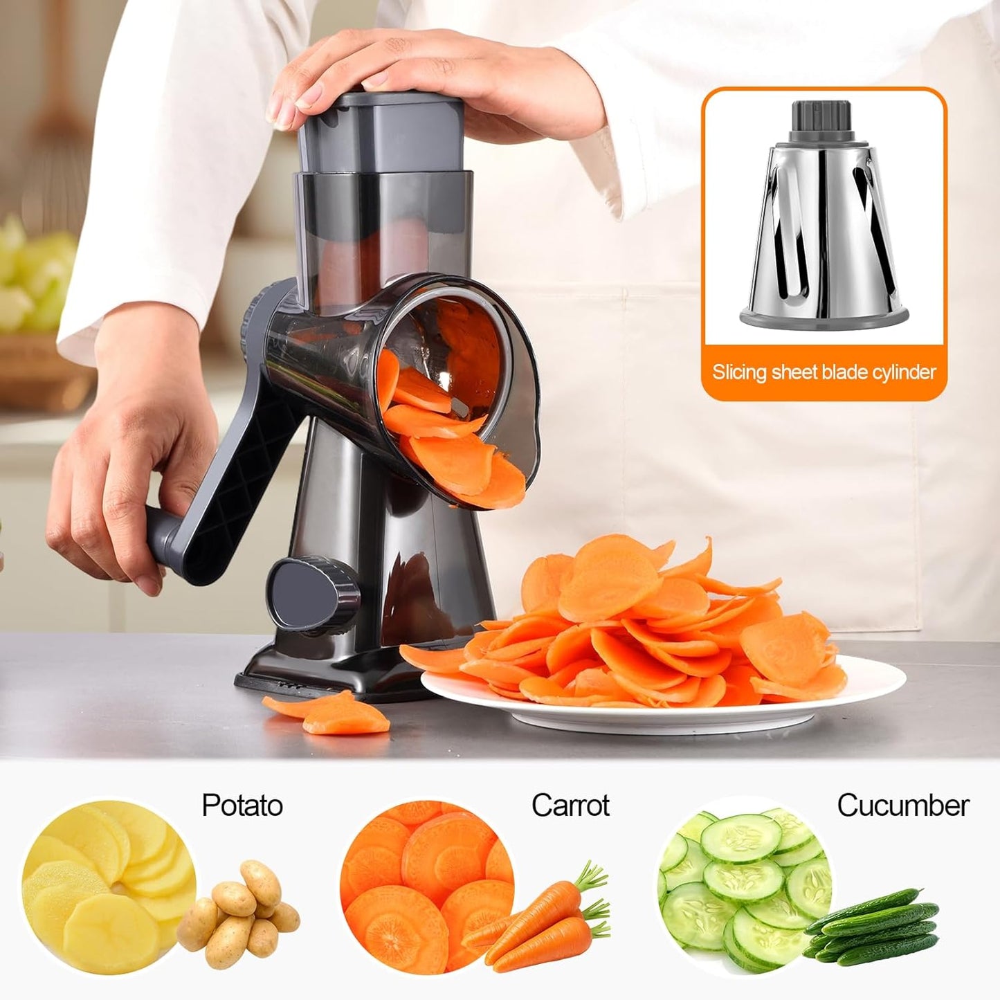 Rotary Cheese Grater Hand Crank with Suction Base, 3-in-1 Cheese Shredder for Cheese, Vegetables & Nuts, Easy to Clean (black)