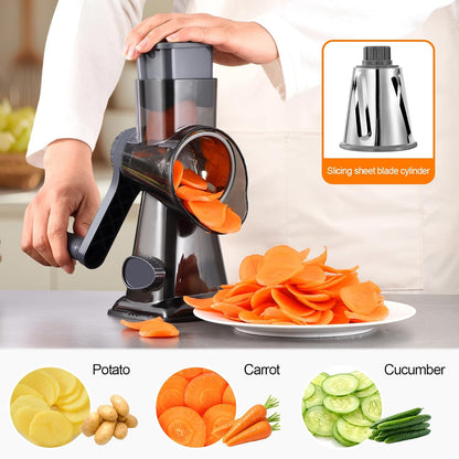 Rotary Cheese Grater Hand Crank with Suction Base, 3-in-1 Cheese Shredder for Cheese, Vegetables & Nuts, Easy to Clean (black)