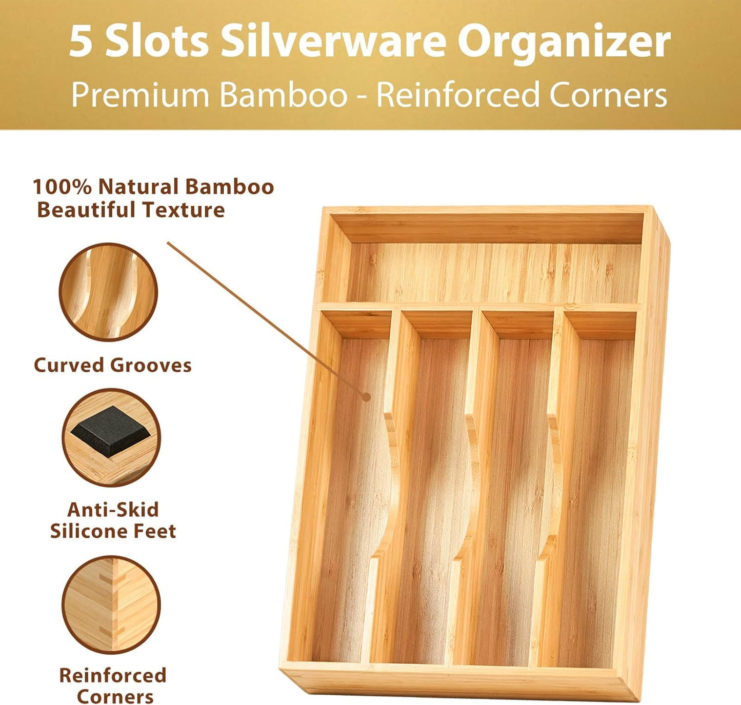 Umilife Bamboo Kitchen Drawer Organizer, 7 Inch Silverware Utensils Tray Holder for Small Drawer, Wood Caddy for Flatware Cutlery Knives