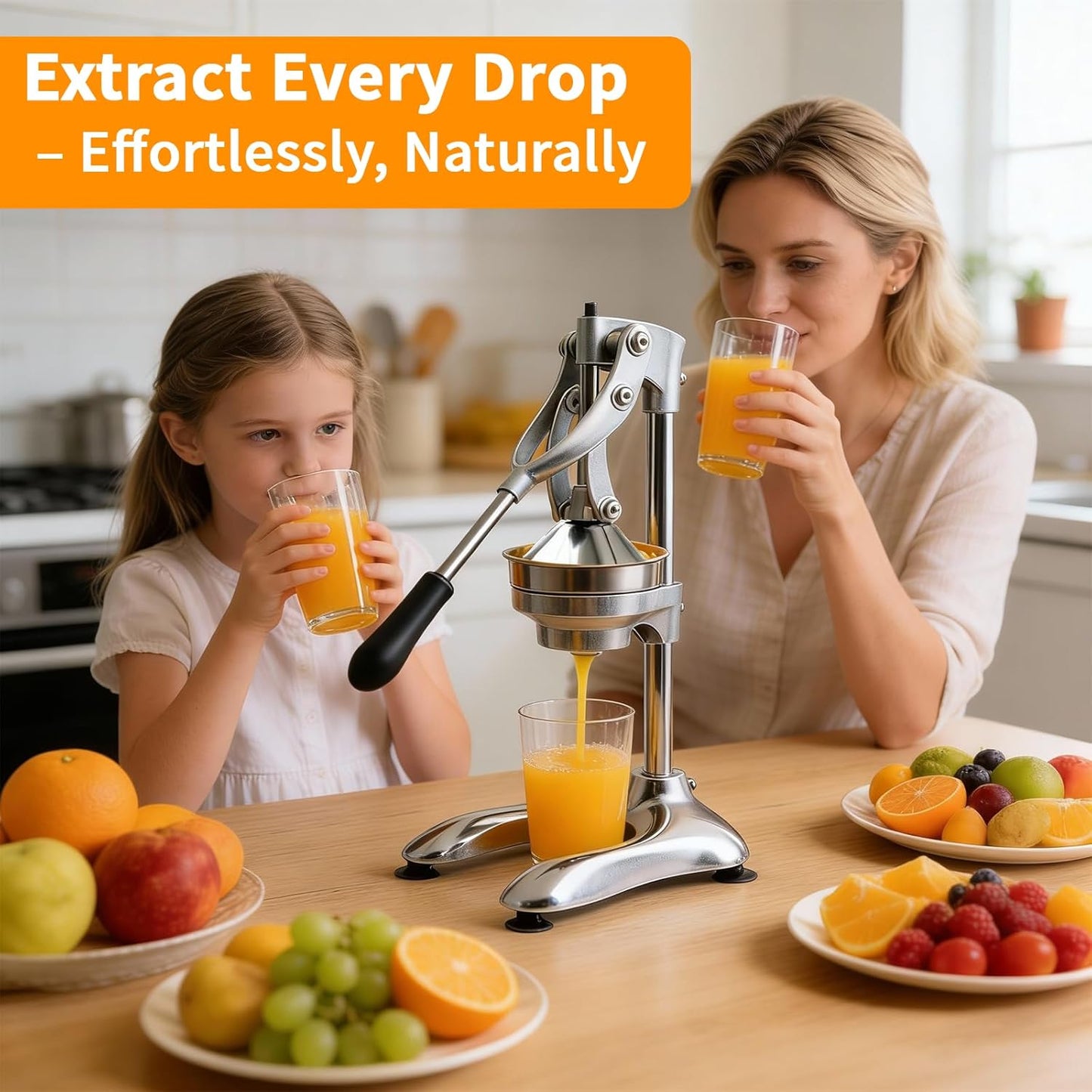 Cast Iron Manual Juicer, Full 304 Stainless Steel, Gravity Press Lever, Effortless Hand Press Juicer for Citrus Lemon Lime Grapefruit, Easy to Clean with Wide Stable Base (Silver)