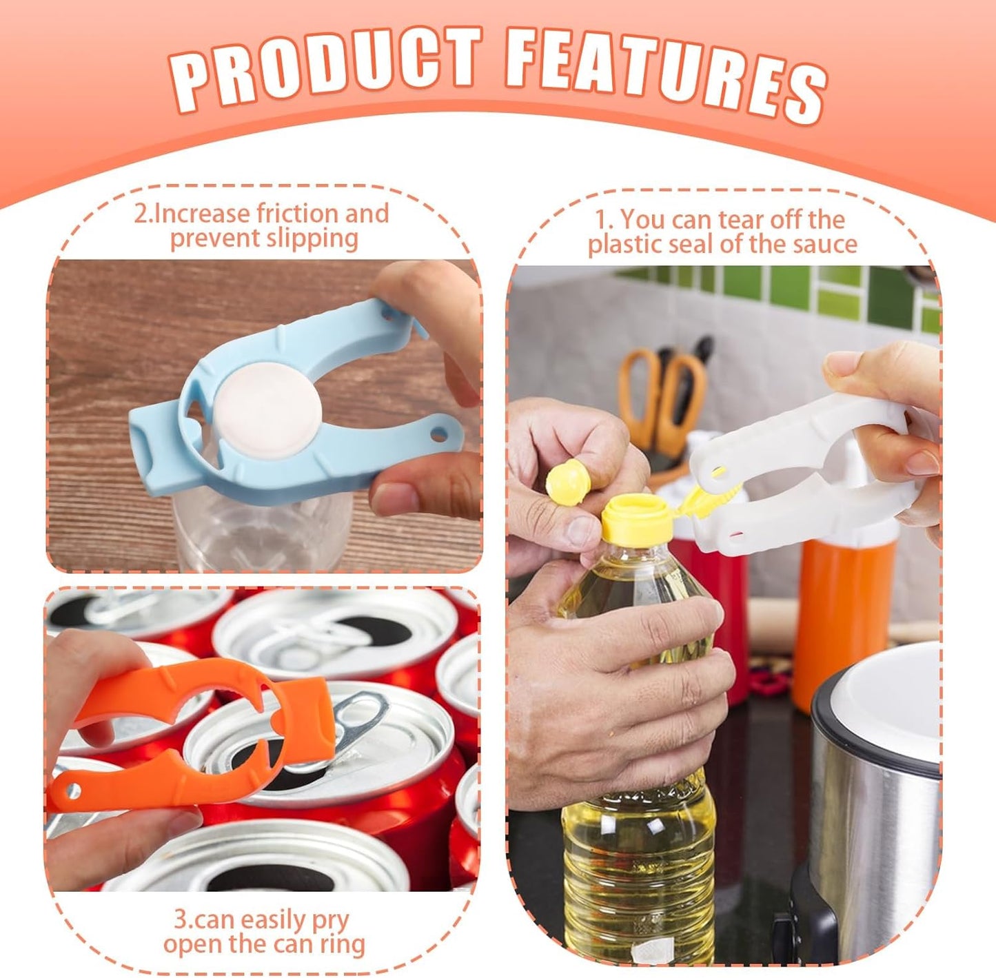 6 Pack Plastic Bottle Cap Opener – Easy-Grip Water/Soda Can Opener for Arthritic & Weak Hands, 3-in-1 Multi-Purpose Water Bottle Openers, Ergonomic Soda Can Openers for Home(Orange, Blue, White)