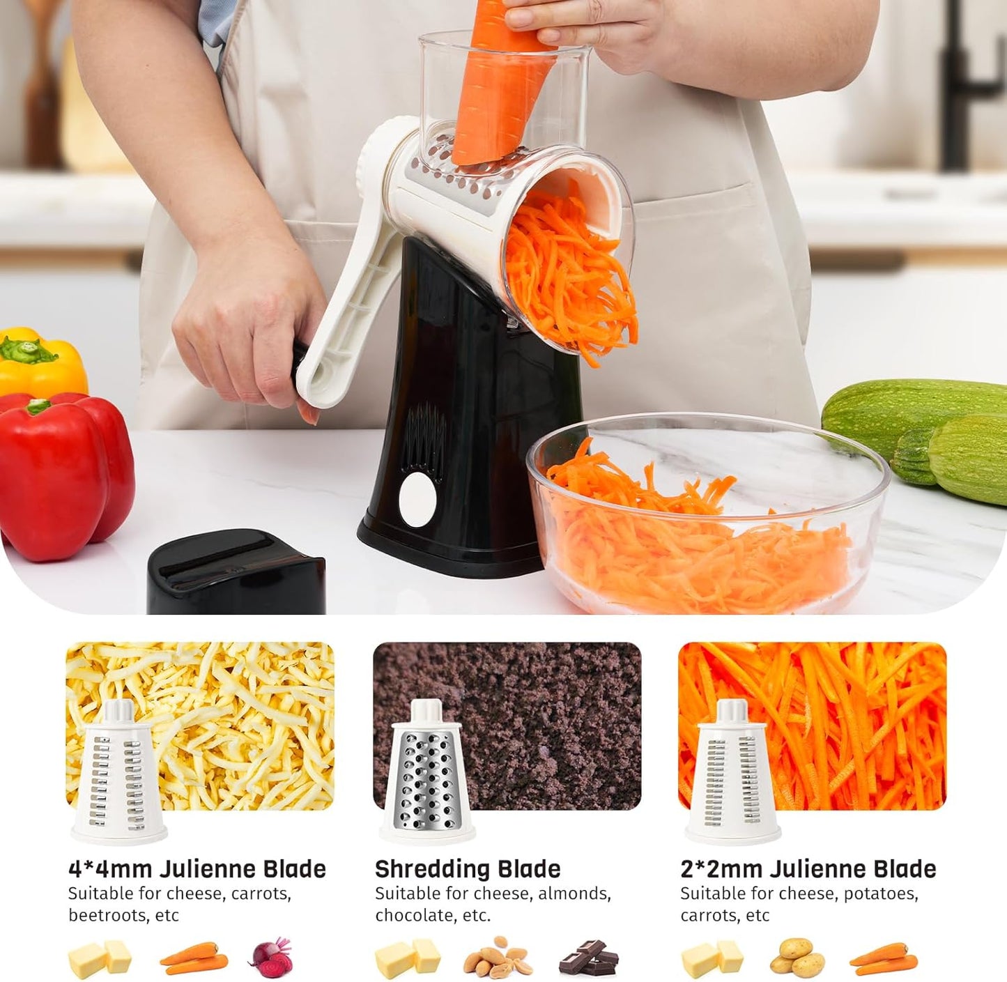 5-in-1 Rotary Cheese Grater Hand Crank, Vegetable Slicer Shredder with 5 Interchangeable Blades, Graters for Kitchen, Safe Kitchen Tool for Cheese, Nuts, Blue