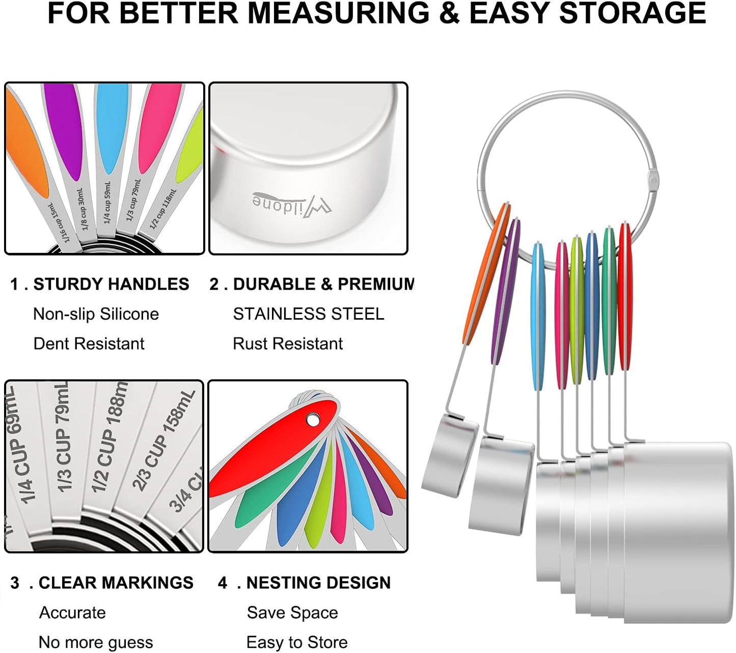 Measuring Cups and Measuring Spoons Set, Wildone Stainless Steel 8 Measuring Cups, 10 Measuring Spoons, 1 Leveler 1 Whisk & 5 Mini Spoons, for Dry and Liquid Ingredient - 25 Piece Multicolor