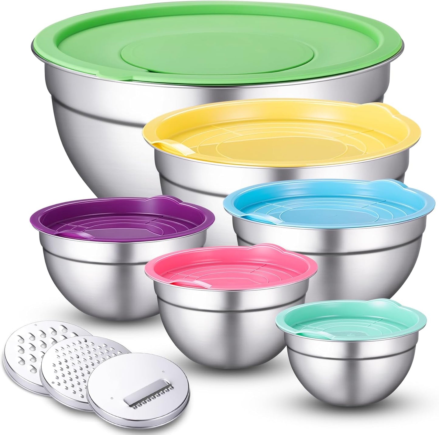 Stainless Steel Mixing Bowls with Lids Set, 6 Nesting Kitchen Bowls 0.7-4 QT, Metal Mixing Bowls with 3 Grater Attachments, Dishwasher Safe for Prep, Mixing, Serving & Storage