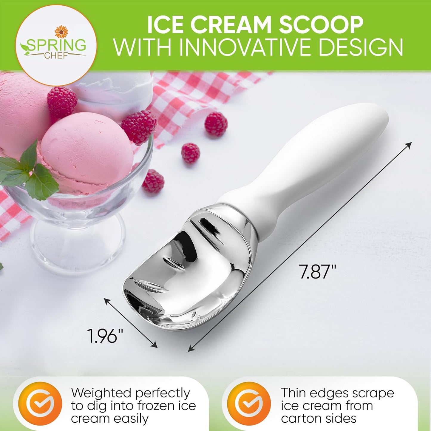 Spring Chef Heavy Duty Ice Cream Scoop with Comfortable Handle - Professional Ice Cream Scooper for Gelato, Sorbet, Cookie Dough, Melon, Frozen Yogurt - Dishwasher Safe Metal Kitchen Tool - Black