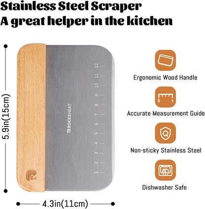 Bench Scraper & Chopper, Stainless Steel Dough Cutter with Wooden Handle, Thick Sharp Blades Pizza Bread Cutter, Multipurpose Kitchen Tool for Baking Cooking