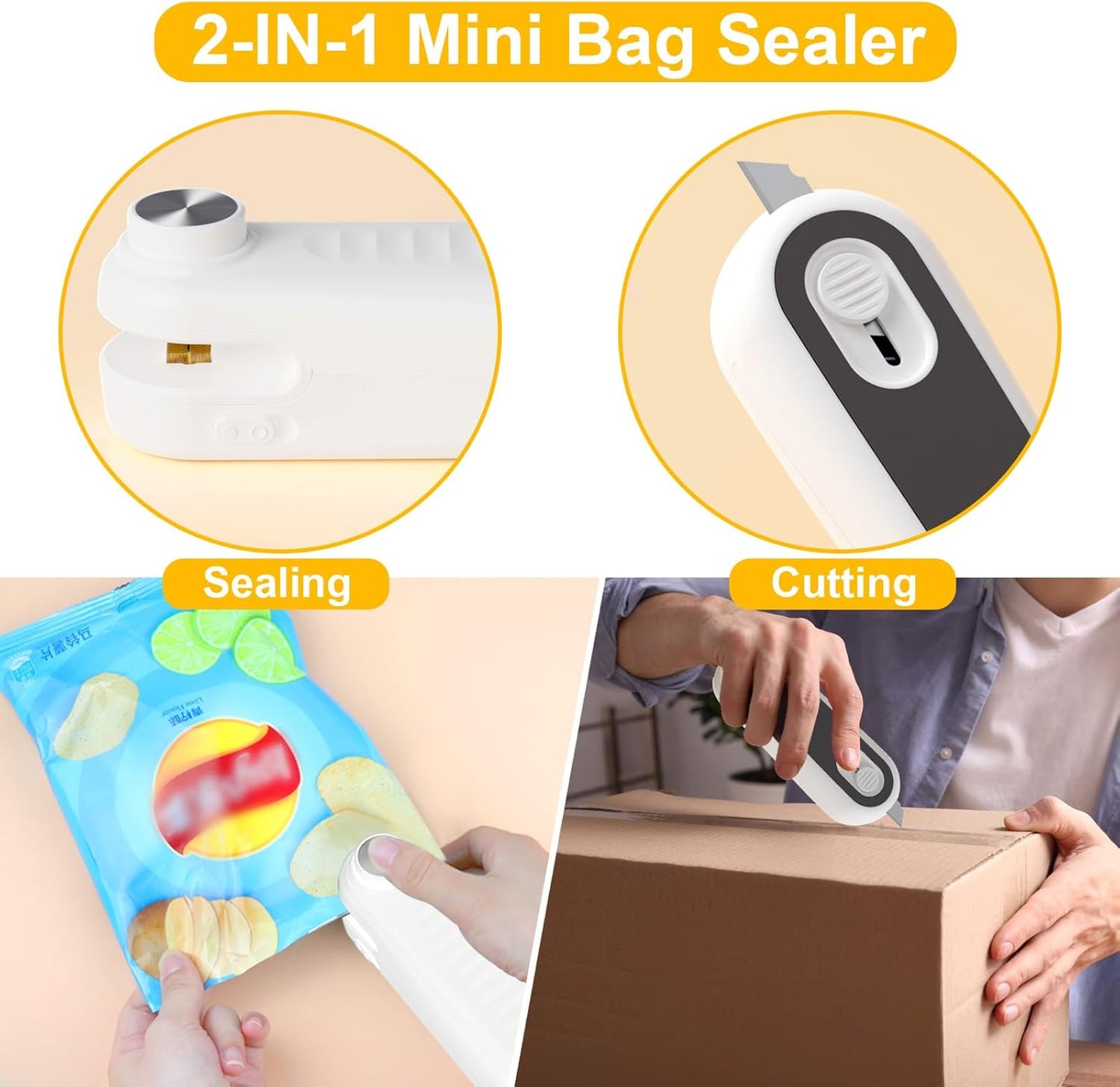 2 in 1 Mini Bag Sealer, Bag Sealer Heat Seal with Cutter, USB C Rechargeable Chip Bag Sealer Heat Seal, Portable Bag Resealer for Plastic Bags Snacks & Food Storage,Bright Black