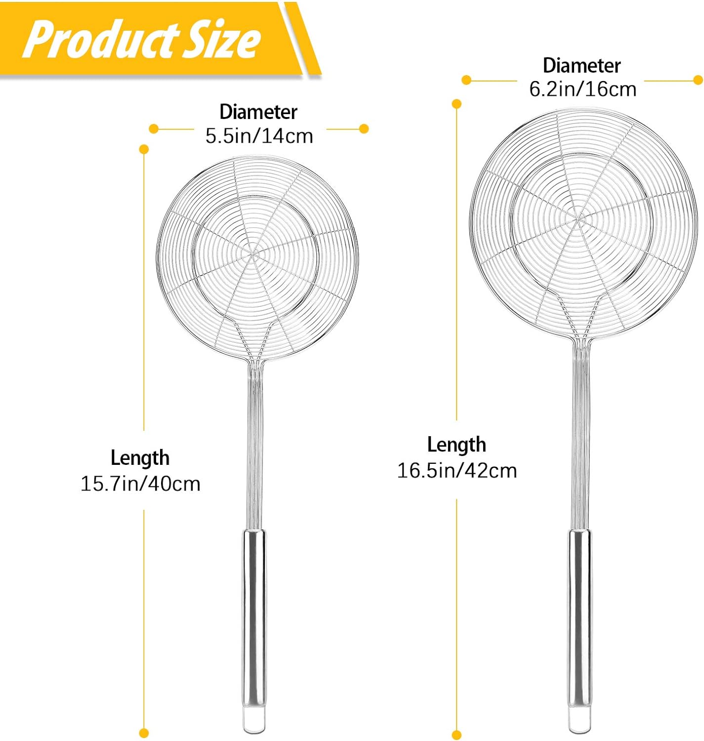 Pack of 2 Large Spider Strainer, Stainless Steel Skimmer Basket,Kitchen Ladle Strainers,Mesh Spoons with Long Handle, Cooking Tools for Frying, Boiling Noodles, Dumplings, Pasta