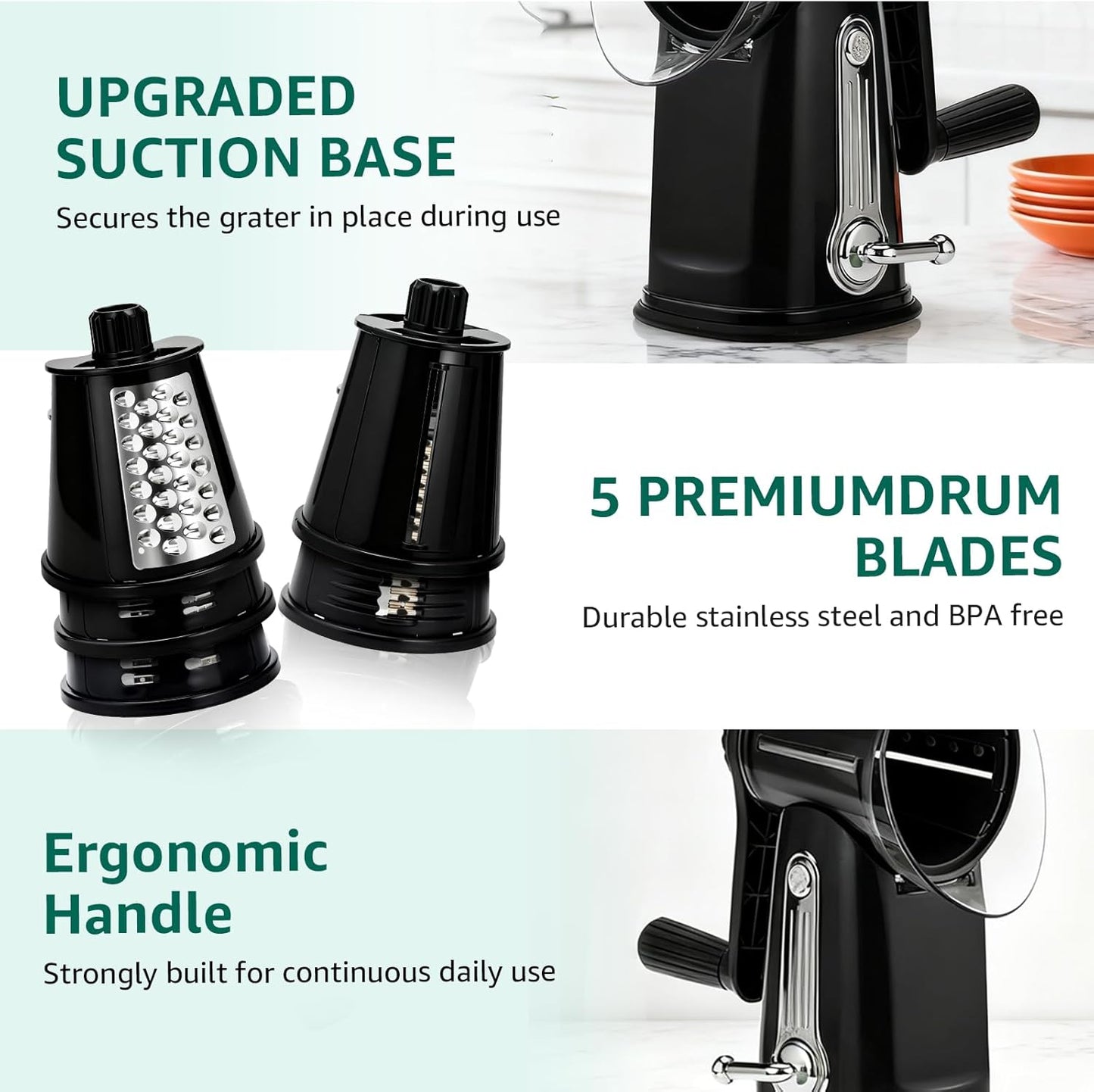 Rotary Cheese Grater Hand Crank - Cheese Shredder with 5 Blades & Strong Suction Base, Mandoline Slicer Vegetable Chopper, Kitchen Gadgets with Storage Box, Black