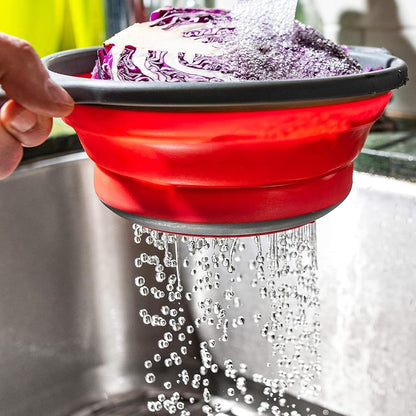 Juvale Collapsible Colander Set of 3, Space-Saving Kitchen Strainer, Use to Drain Vegetables and Fruits, Heat-Resistant Pasta Strainer with Handle, Foldable for Easy Storage, Ideal for Campers, Red