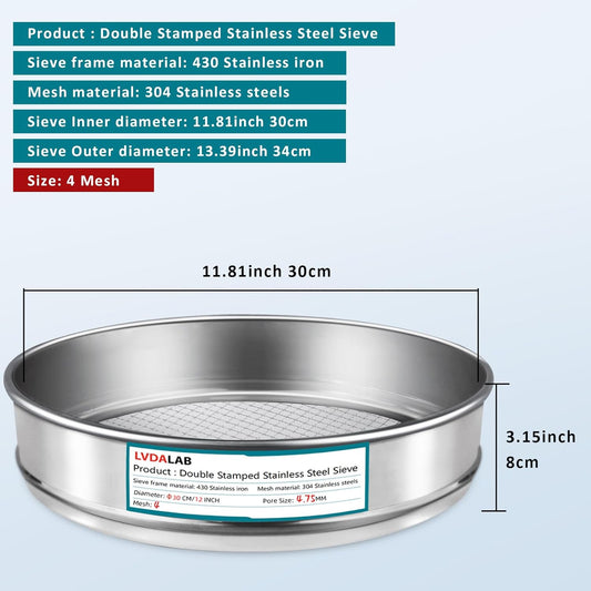 304 Stainless Steel Lab Sieve Screen Mesh, 100 Mesh (0.15mm) Aperture Test Sieve, 12Inch(30cm) Diameter Economy Standard Analysis Sample Test Sieves for Industrial Laboratory Homes - Colors B