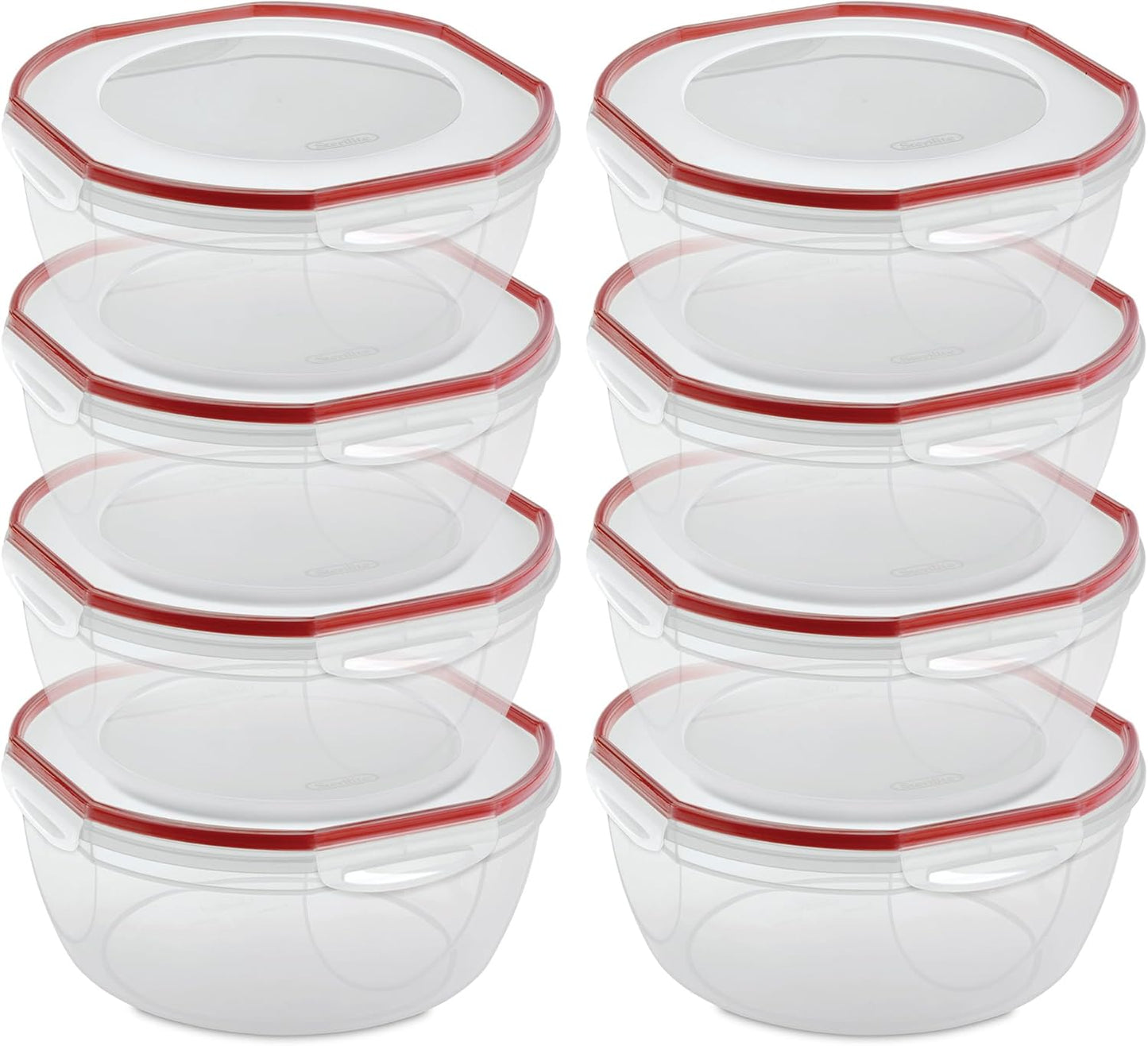 Sterilite Ultra-Seal 8.1 Qt Bowl, Large Airtight Food Storage Container, Latching Lid, Microwave and Dishwasher Safe, Clear With Red Gasket, 2-Pack