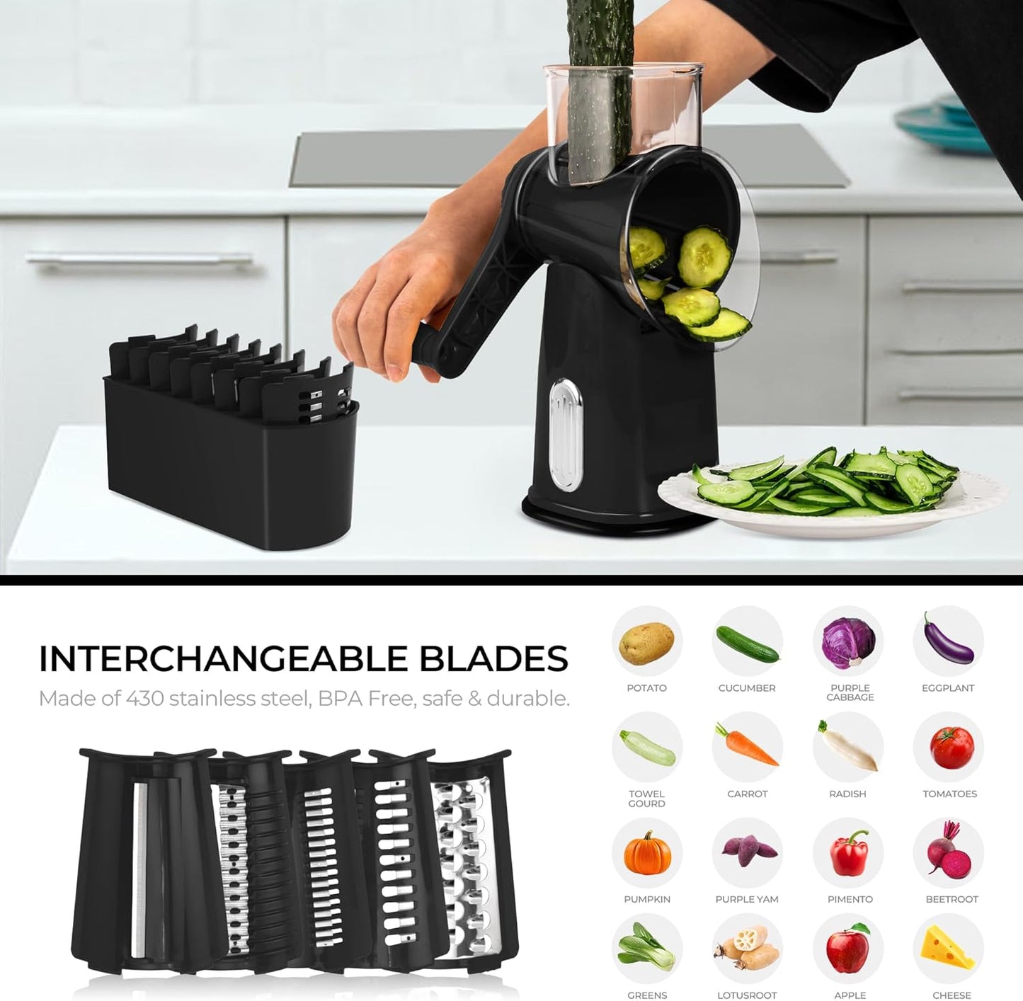SUSTEAS Rotary Cheese Grater with Handle - Vegetable Shredder with 5 Well-designed Blades & Strong Suction Base,Round Mandoline Slicer & Food Chopper for Kitchen,with Blade Storage Box(Beige)