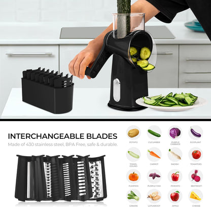 SUSTEAS Rotary Cheese Grater with Handle - Vegetable Shredder with 5 Well-designed Blades & Strong Suction Base,Round Mandoline Slicer & Food Chopper for Kitchen,with Blade Storage Box(Beige)
