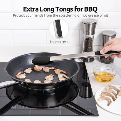 600ºF Heat Resistant Kitchen Tongs: U-Taste 9 inch Silicone Cooking Tong with Firm Sealed Non Stick Rubber Tips & Silicon Coated 18/8 Stainless Steel Handle & Smooth Locking for Serving Salad (Black)