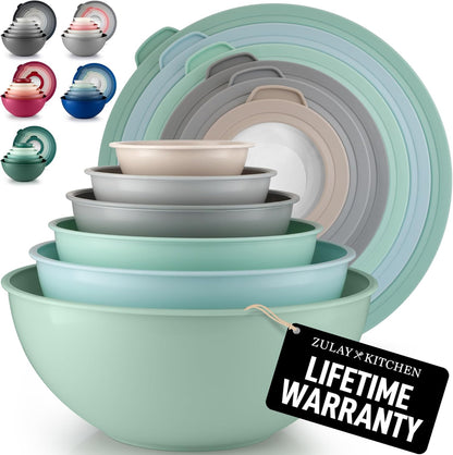 Zulay Kitchen 12 Piece Plastic Mixing Bowls with Lids Set - Leak-Proof Microwave & Freezer Safe Stackable Mixing Bowl Set for Preparing, Serving and Storing - Non-Slip Large Nesting Bowls (Blue Ombre)