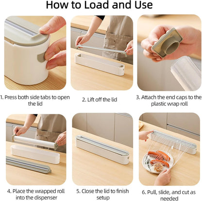 Plastic Wrap Dispenser with Cutter, Includes 100ft of Plastic Wrap, Magnetic Foil and Wrap Organizer for Kitchen, Fits 12" Rolls Up to 1.45" Diameter for Plastic Wrap and Aluminum Foil