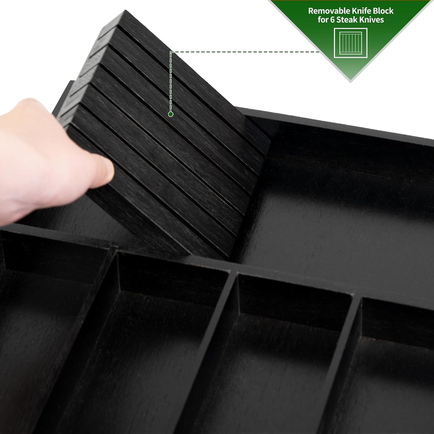 VaeFae Bamboo Silverware Drawer Organizer Kitchen, Expandable Utensil Organizer with Knife Block, Cutlery Tray with Divider, Multifunctional Drawer Organizer (Black)