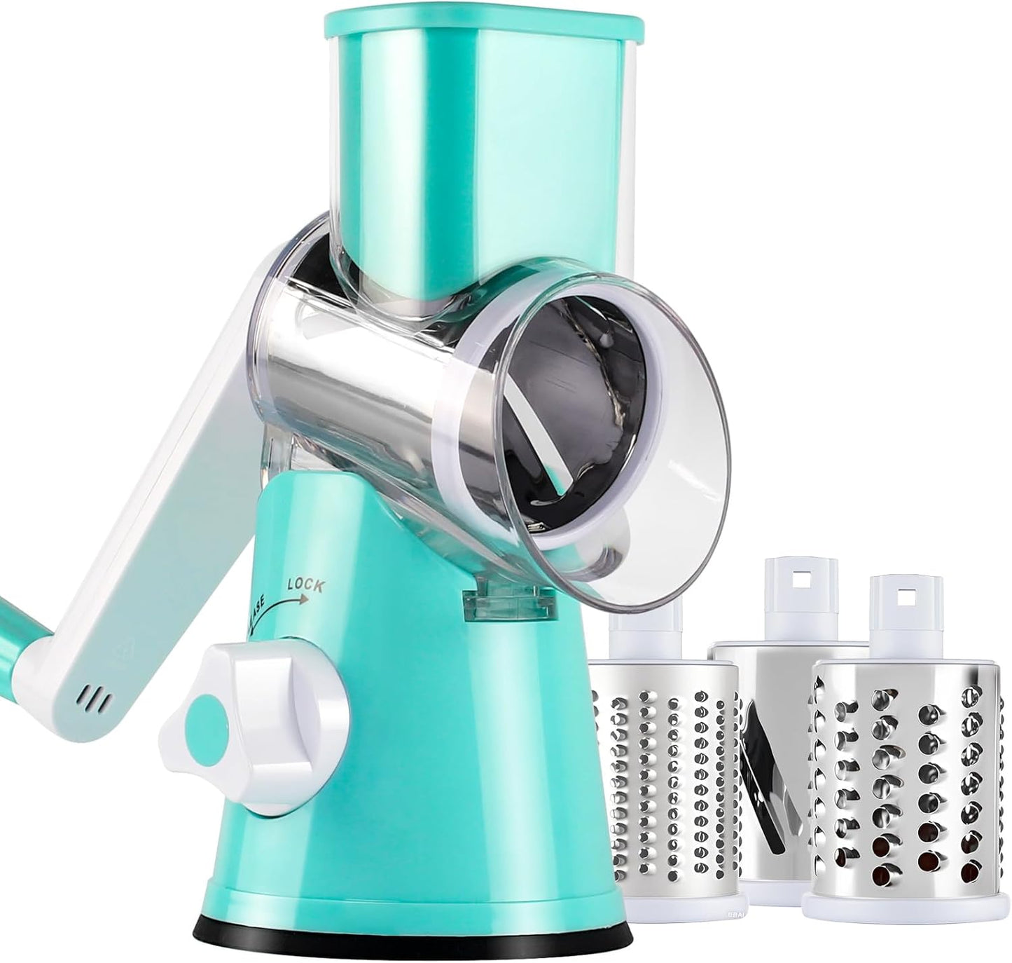 Rotary Cheese Grater with Handle, Round Mandoline Speed Kitchen Slicer, 3 in 1 Multifunctional Vegetable Shredder Manual Nut Grinder for Nuts, Potato, Carrot, Cucumber (Pink)