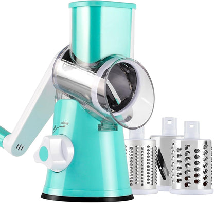 Rotary Cheese Grater with Handle, Round Mandoline Speed Kitchen Slicer, 3 in 1 Multifunctional Vegetable Shredder Manual Nut Grinder for Nuts, Potato, Carrot, Cucumber (Pink)