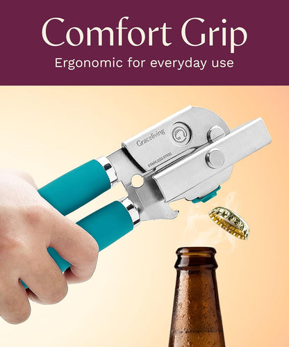 Premium Multifunction Magnetic Manual Can Opener and Bottle Opener, Heavy Duty Stainless Steel Sharp Cutting Blade and Oversized Easy Turn Knob, Soft-Touch Handle, Kitchen Use, Mauve