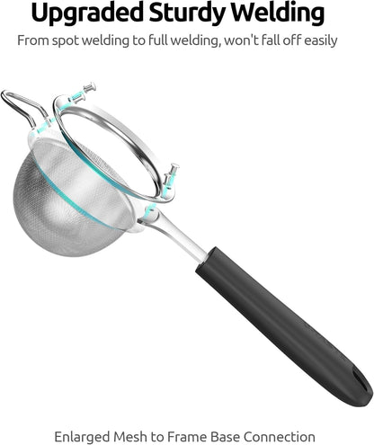 U-Taste Medium Fine Mesh Strainer: 18/8 Stainless Steel 4.73in 30 Mesh Kitchen Food Sieve with Sturdy Riveted Silicone Handle, Heavy Duty Deep Handheld Metal Colander for Rice, Quinoa, Flour (Black)