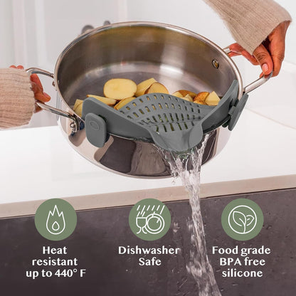 Smart Pots Food Strainer, Clip-On Silicone Colander, Heat-Resistant by TerraHome (Black)