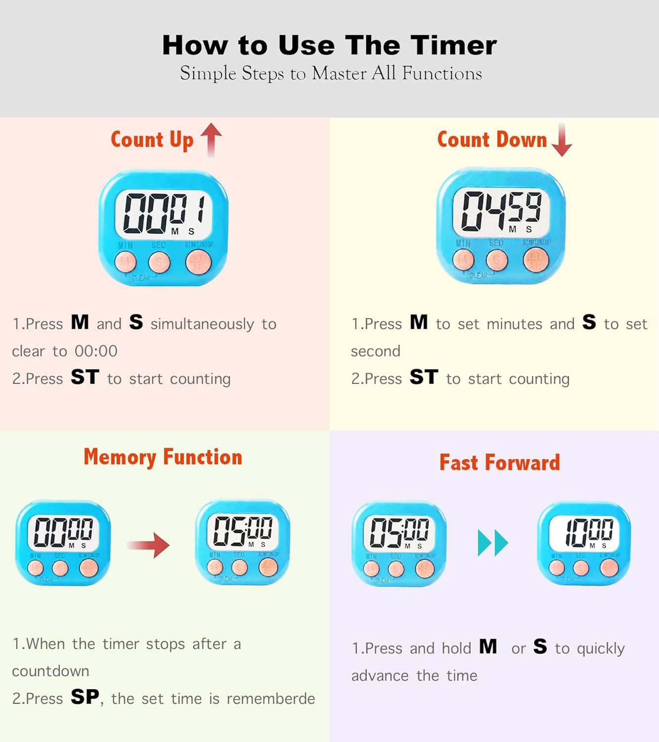 Digital Timer for Classroom Teachers Students, Magnetic Kitchen Countdown Timer, Easy Timers for Kids Homework Study Cooking Gym Game, 6 Pcs