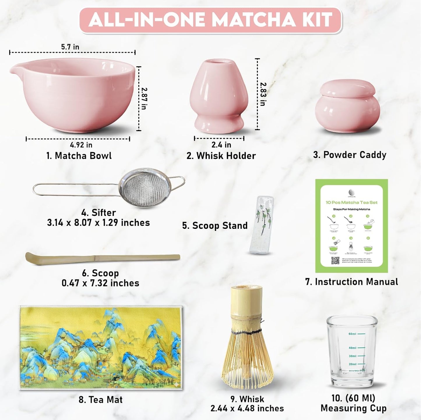 10-Piece Matcha Whisk Set | Complete Matcha Tea Kit with 17oz Ceramic Bowl, Bamboo Whisk & Scoop, Whisk Holder, Stainless Steel Sifter, Measuring Cup, Powder Caddy, Tea Towel | Gift-Ready Matcha Set