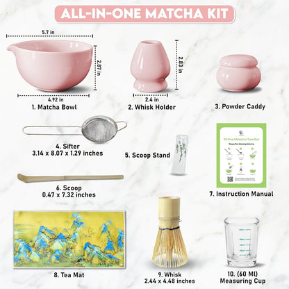 10-Piece Matcha Whisk Set | Complete Matcha Tea Kit with 17oz Ceramic Bowl, Bamboo Whisk & Scoop, Whisk Holder, Stainless Steel Sifter, Measuring Cup, Powder Caddy, Tea Towel | Gift-Ready Matcha Set