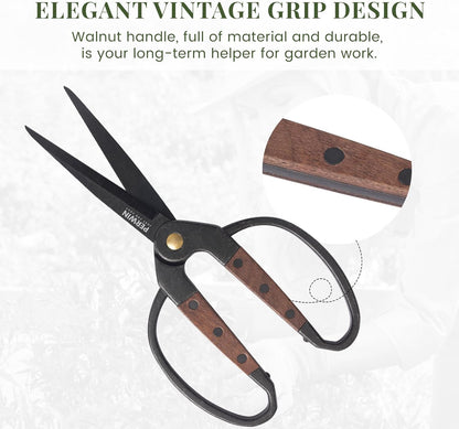 PERWIN Garden Flower Bonsai Scissors 2 Pcs Walnut Wide Handles Pruning Gardening Scissors Floral Shears for Gardening,Succulent Harvest, and Precision Plant Trimming Care