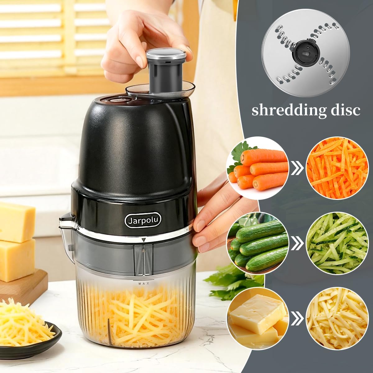 4 in 1 Electric Cheese Grater, Multifunctional Food Processing Machine, Labor-Saving Potato Shredder, Home Kitchen Vegetables Chopper, Suitable for Spice Veggies Fruits Nuts Biscuit, Black
