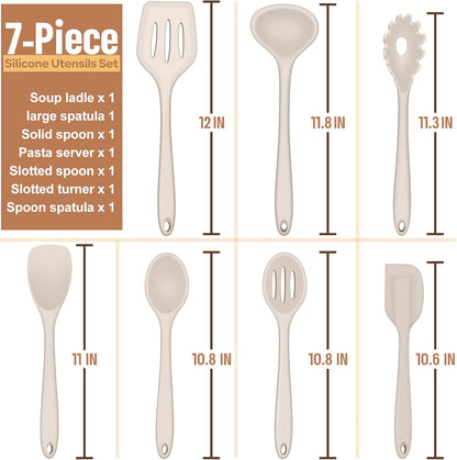 E-far Silicone Cooking Utensils Set, 7-Piece Black Heat Resistant Kitchen Utensils Set, Kitchen Nonstick Tools Spatula Ladle Spoon Pasta Server for Non-stick Cookware, Non-Toxic & Dishwasher safe