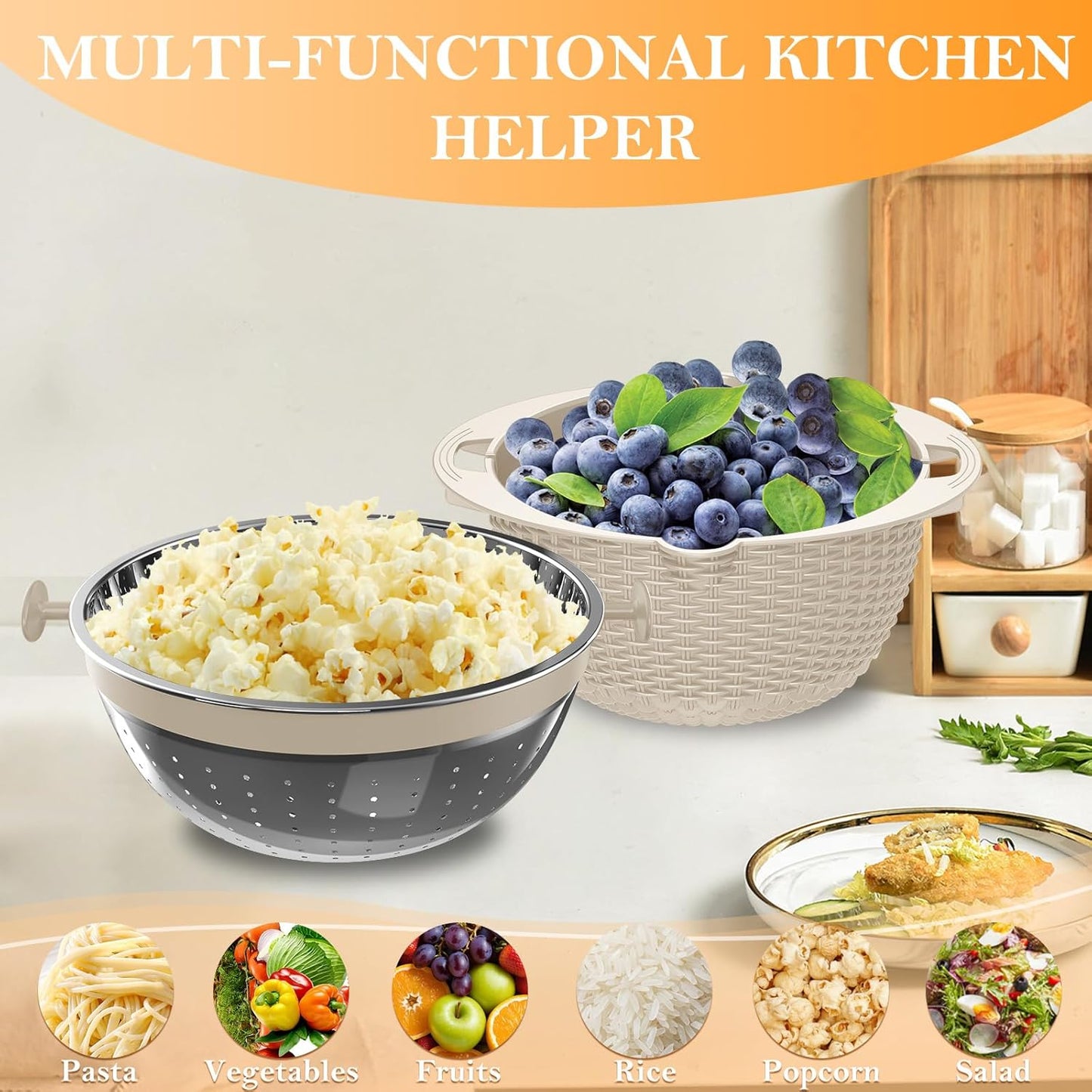 Over the Sink Colander, Expandable Strainers and Colanders with Fine Mesh, Colander for Kitchen with Rubber Grip for Draining Pasta, Vegetables and Fruits - Essential Kitchen Sink Strainer