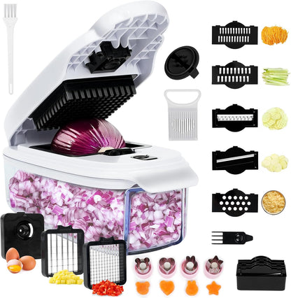 2-in-1 Vegetable Dicer, Onion Chopper with 6.7mm and 13.5mm Dicing Blades, 1.5L Food Prep Container for Salad, Potato, Tomato, Home Kitchen Meal Prep (White & Black)