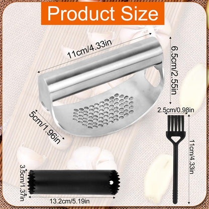 Stainless Steel Garlic Press Rocker Tool, Upgrade Manual Garlic Roller Crusher with Plastic Peeler & Silicone Cleaning Brush, Portable Ginger Mincer and Easy-Clean Chopper Kitchen Gadget
