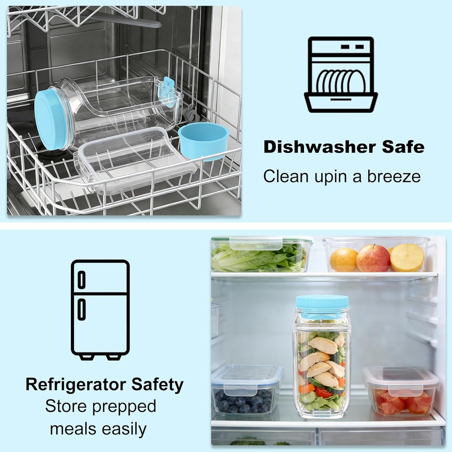 FNHMSL Side-Opening Mason Salad Jar, Portable (35 oZ) 1000ml Salad Container with Leakproof Dressing Cup, Includes Spoon and Cleaning Brush, Perfect for Meal Prep, Gym, Office, Picnic and Travel