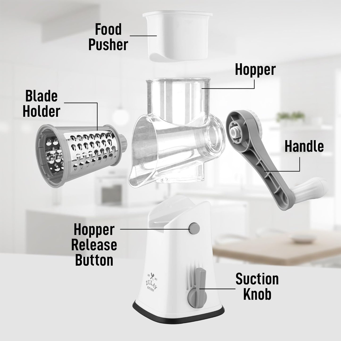 Zulay Kitchen Rotary Cheese Grater 5 Blade Cheese Shredder - Manual Hand Crank Cheese Grater With Reinforced Suction & 5 Interchangeable Drums - Easy to Use, Vegetable Chopper Round Mandoline Slicer - Colors A