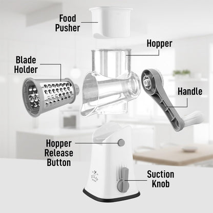 Zulay Kitchen Rotary Cheese Grater 5 Blade Cheese Shredder - Manual Hand Crank Cheese Grater With Reinforced Suction & 5 Interchangeable Drums - Easy to Use, Vegetable Chopper Round Mandoline Slicer - Colors A
